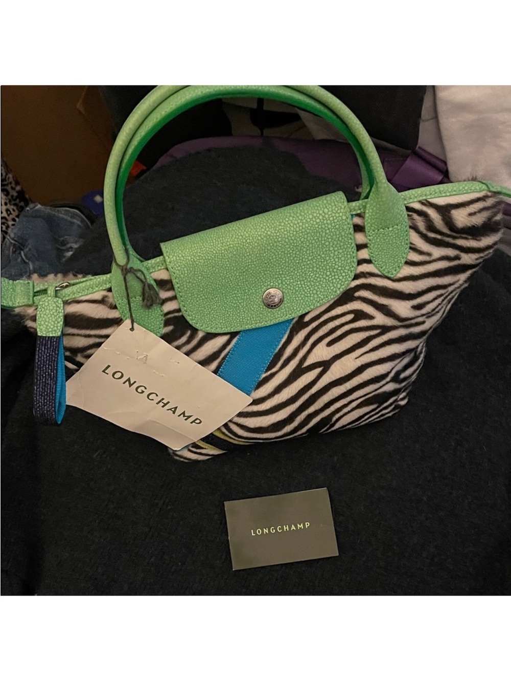 Longchamp Limited Edition PILAGEZebra Print Tote with Green Handle